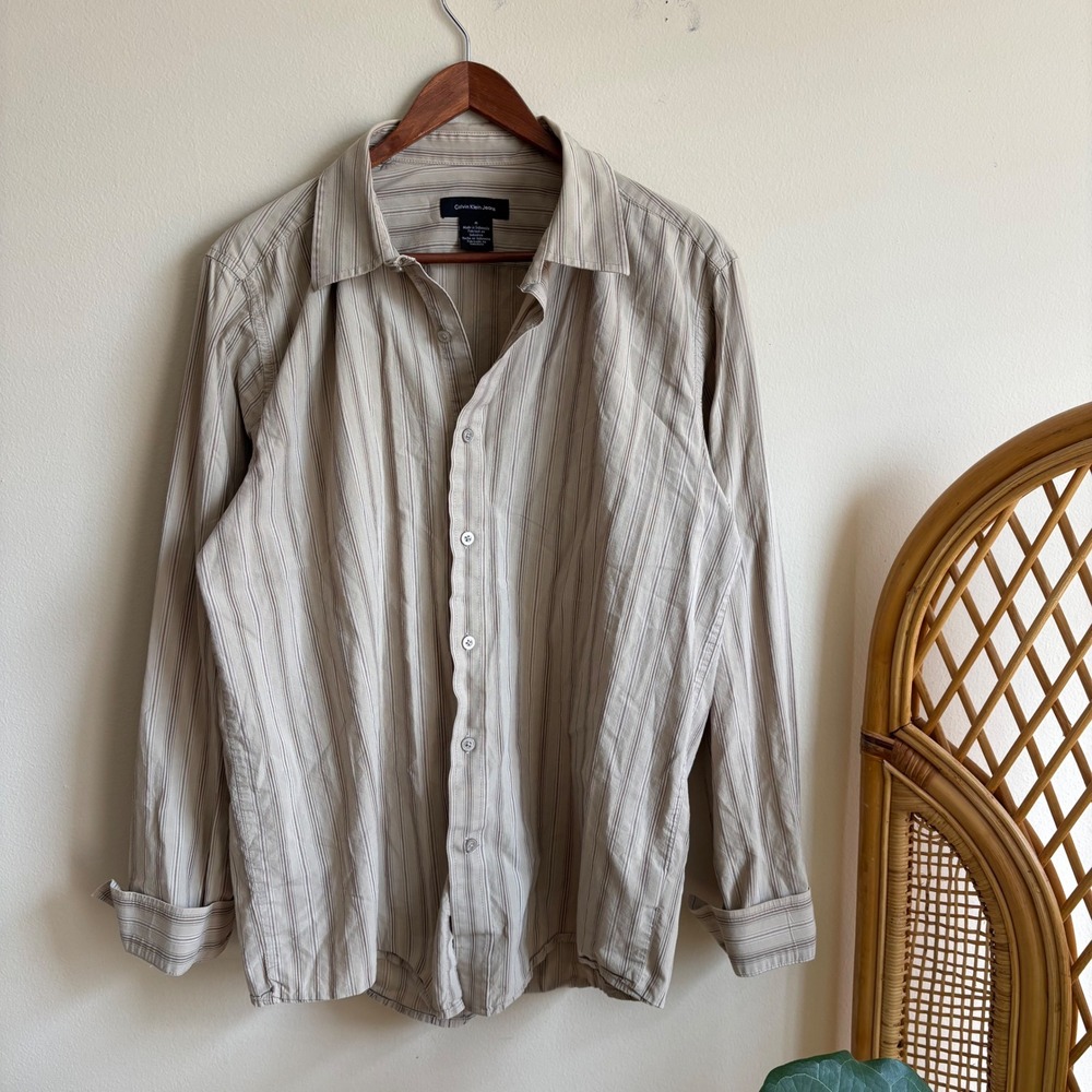 Vintage Y2K Calvin Klein Jeans Menswear Striped Tan Casual Button Down Shirt